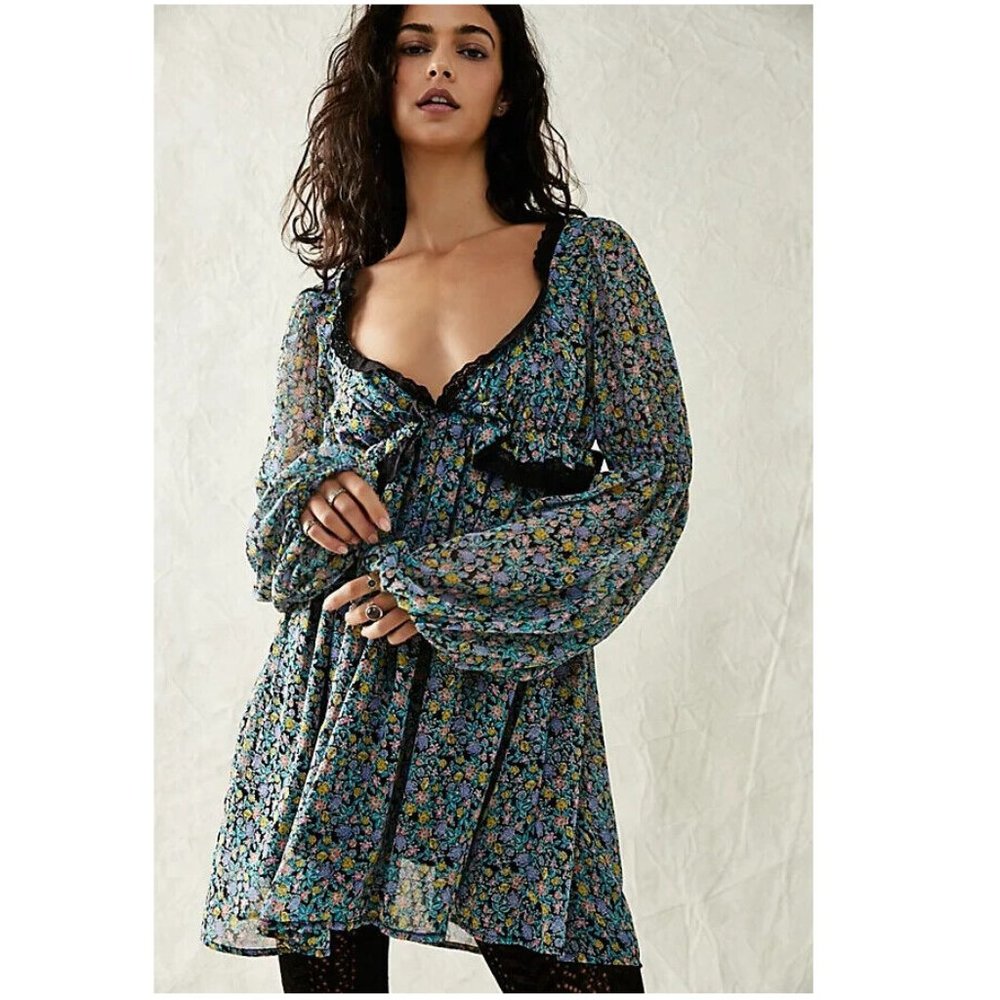 Free People Floral Mini Dress - Black and Blue